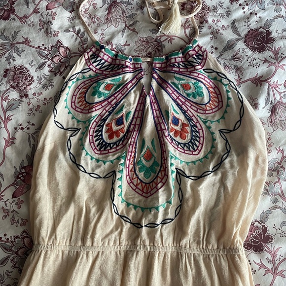 NWT Lightweight Embroidered High Neck Gauzy Taupe Maxi Dress Boho Festival - Picture 2 of 5